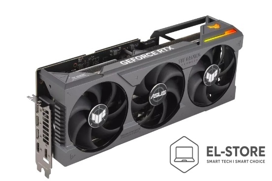 Karta graficzna ASUS TUF Gaming RTX 4090 OC 24GB, widok boczny, chłodzenie trójwentylatorowe, do gamingu 8K.